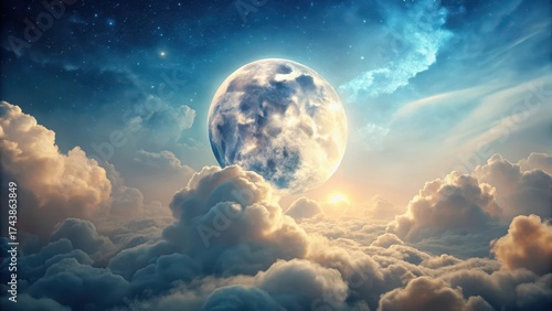 A serene lunar landscape with a glowing moon suspended in the sky amidst fluffy white clouds, with a subtle texture and soft color palette , serene night, dreamy sky