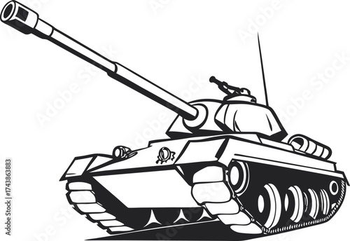 Black and white illustration of a powerful military tank with a long barrel