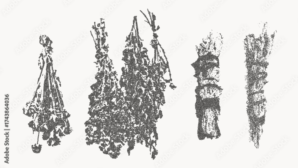 Obraz premium Halloween Herbal Vector Illustration Collection with Trendy Stippling Photocopy Effect. Vintage Botanical Set of Spooky Medicinal Plants and Witch Herbs