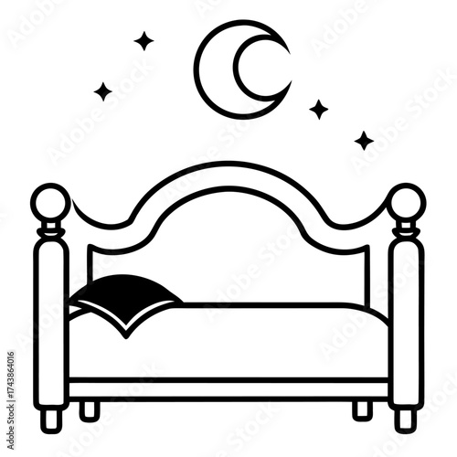 Dreamy slumber concept design featuring a bed with a crescent moon and stars shining in the night sky illustration