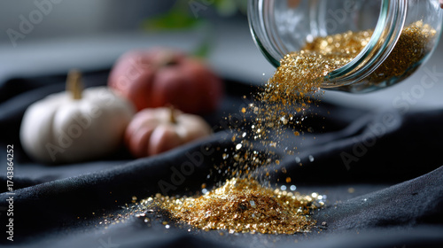 A close-up of a jar spilling golden glitter over soft pastel pumpkins, highlighting a creative art scene brimming with enthusiasm and seasonal charm.