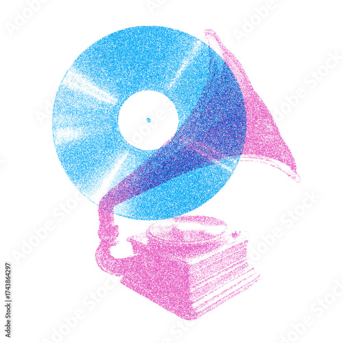 Risograph Print with Photocopy Effect Featuring a Vintage Gramophone and Music Record in Retro Aesthetic