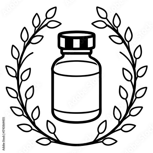 Herbal medicine bottle surrounded by a delicate wreath of leaves showcasing natural health care and wellness