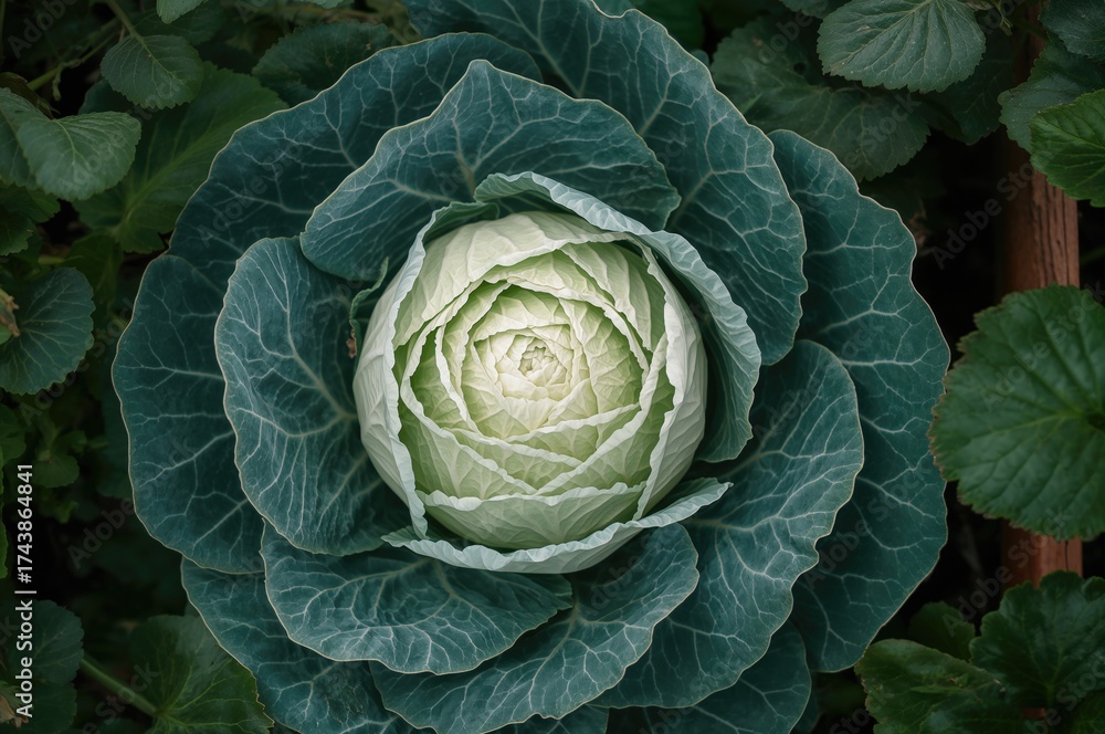 Obraz premium Fresh white cabbage with green leaves on natural backdrop