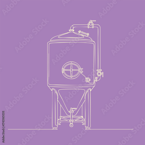 Minimalist line drawing of a large industrial fermentation tank with pipes and valves on a pastel purple