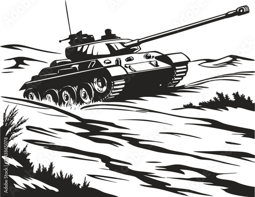 Classic soviet era tank illustration in a stylized landscape