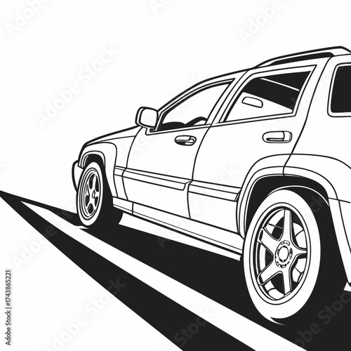 Black and white line art illustration of a modern suv driving on a road with bold shadow lines