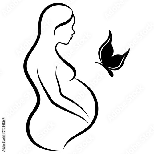 Elegant line art silhouette of a pregnant woman with a butterfly nearby showing hope