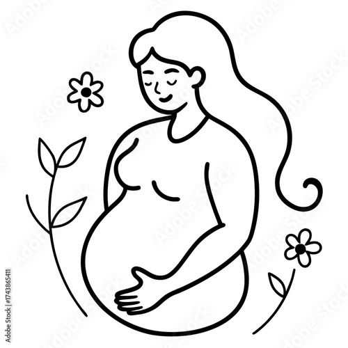 Pregnant woman line art illustration expressing motherhood with flowers and a serene expression of peace and wellbeing
