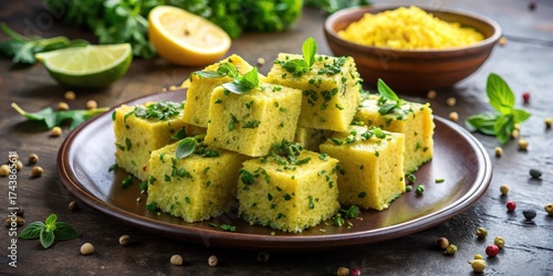 Fermented green gram dhokla on a plate with a sprinkle of fresh cilantro and lemon wedges, vegetarian, farali
