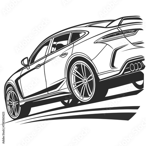 Dynamic black and white illustration of a modern luxury suv speeding forward with motion lines