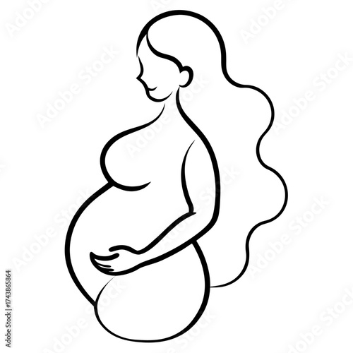 Elegant line art illustration of a pregnant woman with flowing hair in profile design