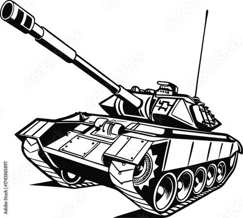 Detailed black and white illustration of a powerful military tank with a long cannon