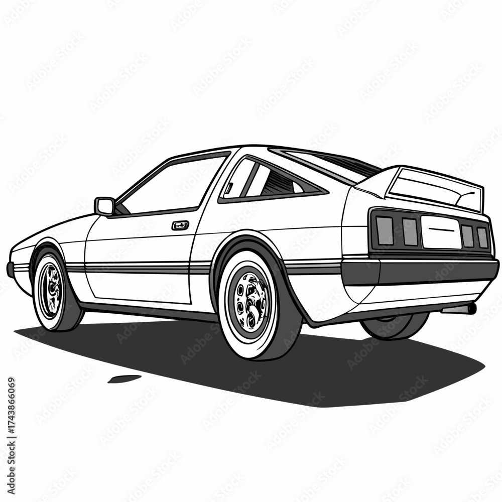 Fototapeta premium Retro sports car illustration with distinctive rear spoiler and classic wheels viewed from the rear three quarter angle
