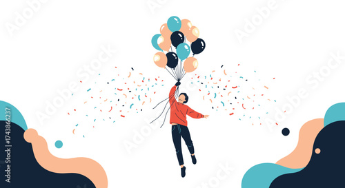 A person joyfully holding onto a bunch of balloons and ascending into a sky filled with confetti.