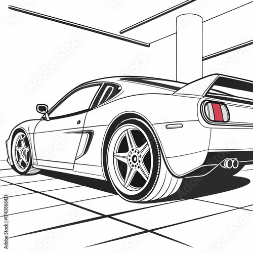Sleek modern sports car with a spoiler viewed from the rear three quarter angle in a minimalist black and white illustration