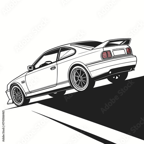 Sleek modern sports coupe with a large rear spoiler and custom wheels in a dynamic black and white illustration style
