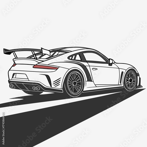 Sleek white sports car with a prominent rear spoiler and aggressive aerodynamic body kit in a dynamic illustration