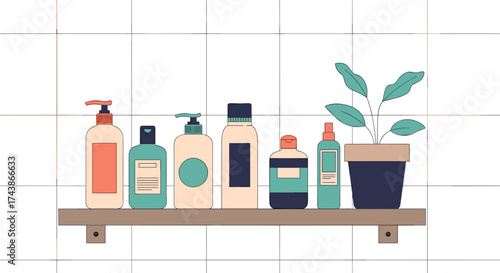 A minimalist shelf displays an assortment of personal care products including lotions shampoos and conditioners alongside a small potted plant.