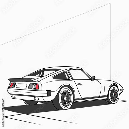 Stylized black and white illustration of a classic sports car from the rear three quarter view with a spoiler