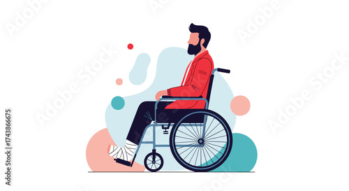 A man in a wheelchair enjoying a day outside with colorful abstract shapes in the background.