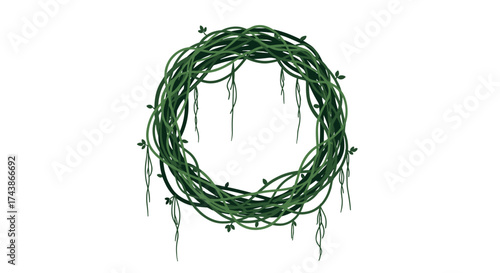 A circular wreath made of intertwined green vines with drooping tendrils and small leaves adorning its surface.