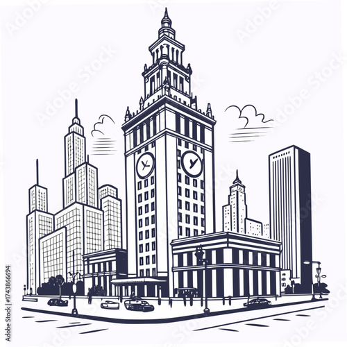 Stylized black and white illustration of a bustling city skyline with tall buildings and cars on the street