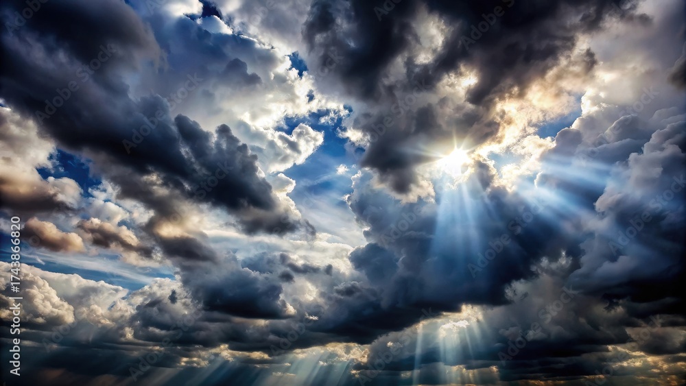 Obraz premium Dramatic clouds with dark grey and black hues dominating the sky, with white fluffy clouds scattered in the distance, a few sunbeams peeking through , Stormy Weather, Sunbeams