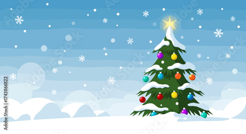 A festive decorated christmas tree stands tall amidst falling snowflakes in a winter wonderland landscape.