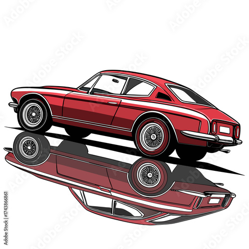 Stylized illustration of a classic red sports coupe car with a mirrored reflection on a white background