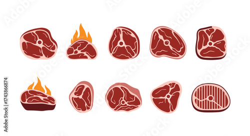 Collection of delicious raw and grilled beef steaks of various cuts and styles.