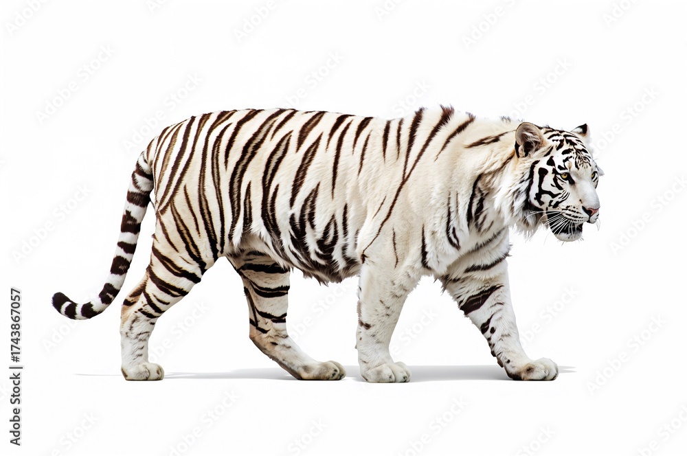 Naklejka premium Tiger strolling on a plain white surface