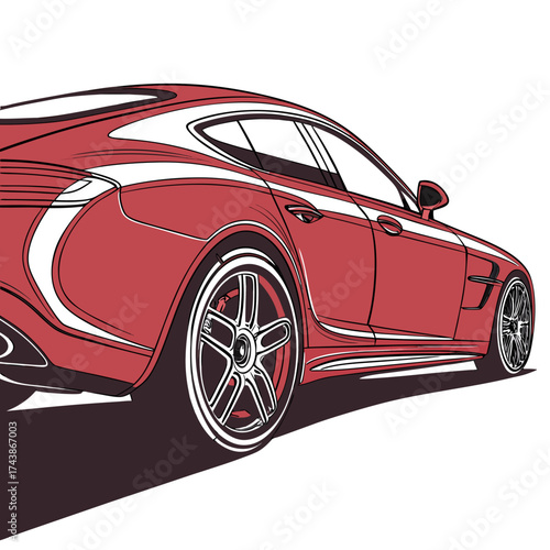 Stylized illustration of a sleek modern red sports car viewed from the rear three quarter angle on a white background