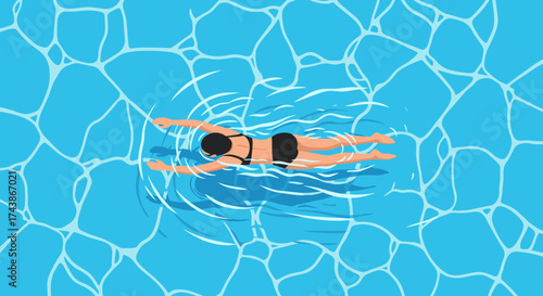 A person swimming freestyle in a bright blue swimming pool on a sunny day.