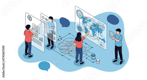 Illustrating a group of people collaborating on a digital data visualization project in a modern office setting.