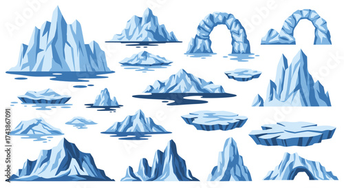Collection of majestic icebergs and frozen arctic formations in various shapes and sizes dotting a serene blue landscape.