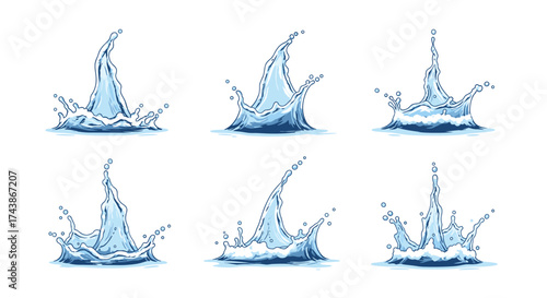 Six different artistic representations of clear blue water splashes with dynamic crown-like shapes on a white background.