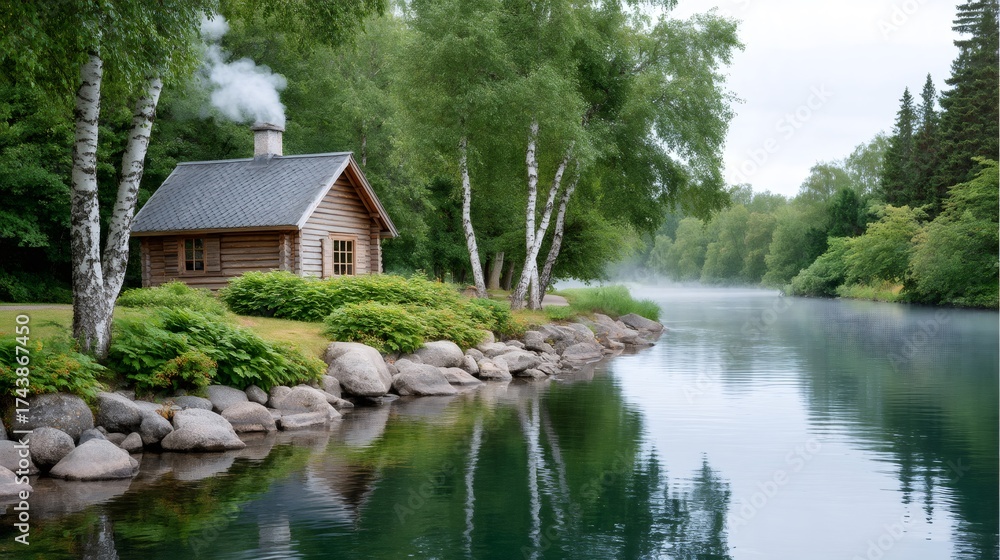 Obraz premium Log cabin by tranquil river with chimney smoke
