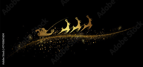 Merry Christmas. An exquisite golden isolated drawing of Santa Claus riding a reindeer.