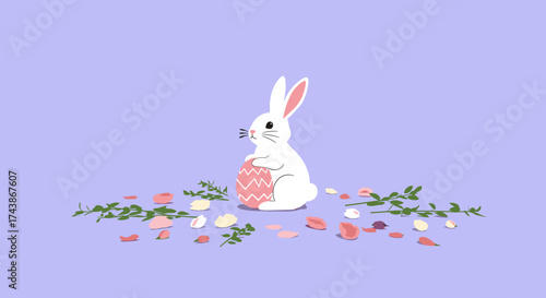 A cute white bunny sits holding an Easter egg surrounded by leaves and flower petals on a light purple background.