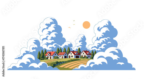 A serene rural landscape unfolds beneath a bright sunny sky filled with fluffy white clouds.