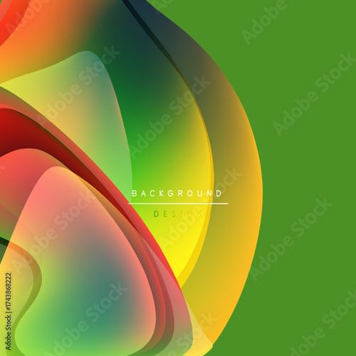 Abstract colorful shapes overlap, creating dynamic visual effect. Green dominates right side, gradients blend smoothly. Text reads background design.