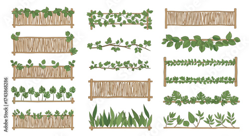 Decorative fences adorned with abundant green foliage and lush plant life.