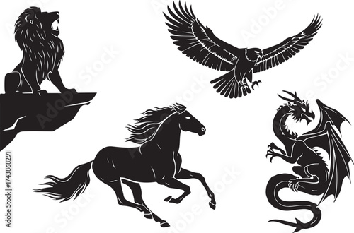 Black silhouette mythical creatures and animals lion