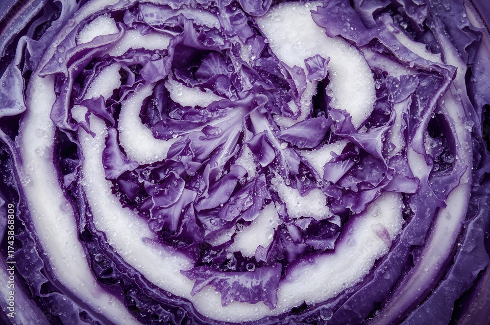 Obraz premium Macro shot of a sliced purple cabbage showing detailed texture from above