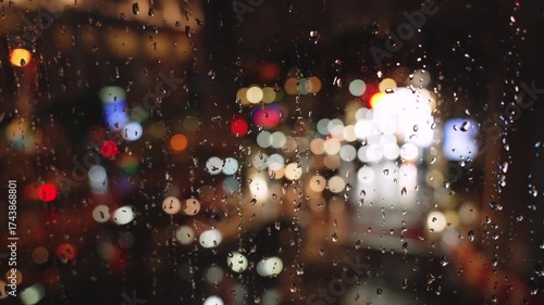 Rain drops on window with blurred city traffic lights at night creating cinematic urban atmosphere