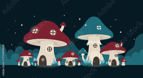 Enchanting mushroom houses nestled in a magical forest under the starry night sky.