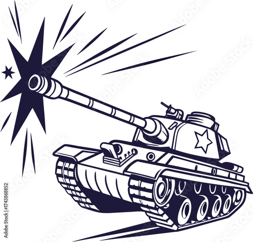 Illustration of a military tank firing its cannon with a star emblem