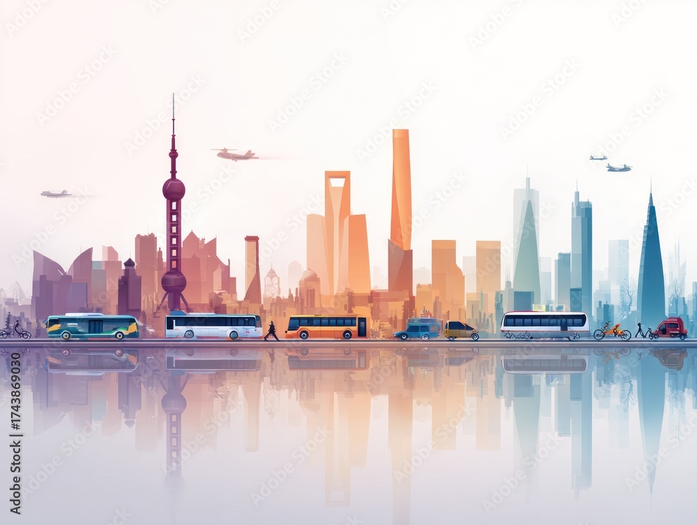 Fototapeta premium A vibrant cityscape illustration featuring modern skyscrapers, buses, and reflections, highlighting urban transportation and architecture.