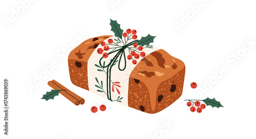 A festive fruitcake adorned with holly berries and ribbon sits beside cinnamon sticks and scattered berries.